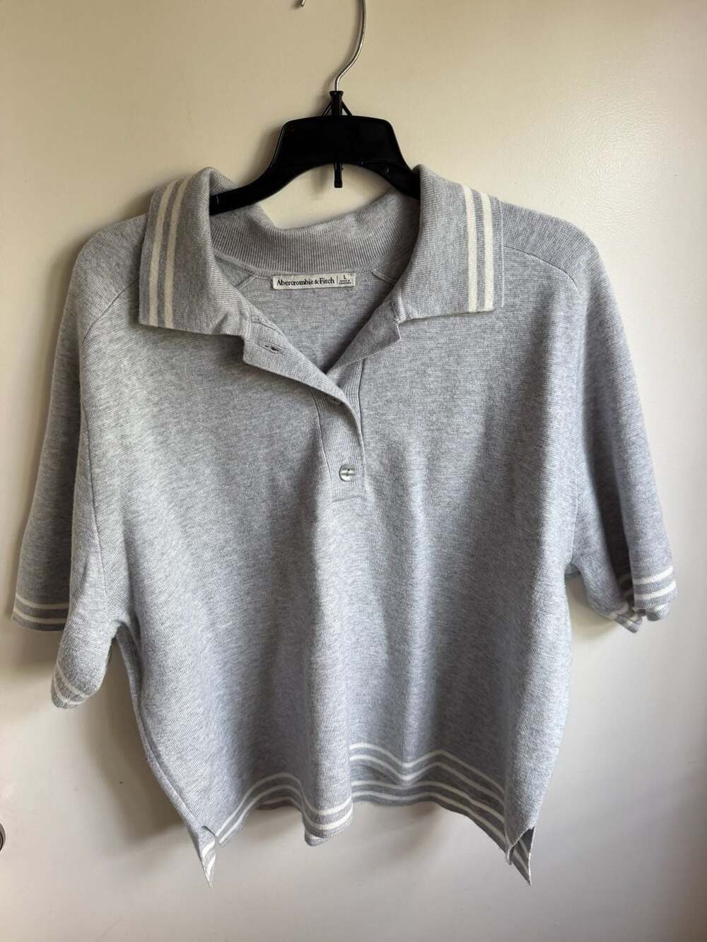Abercrombie & Fitch Women's Heather Grey Striped Knit Johnny Collar Polo Shirt